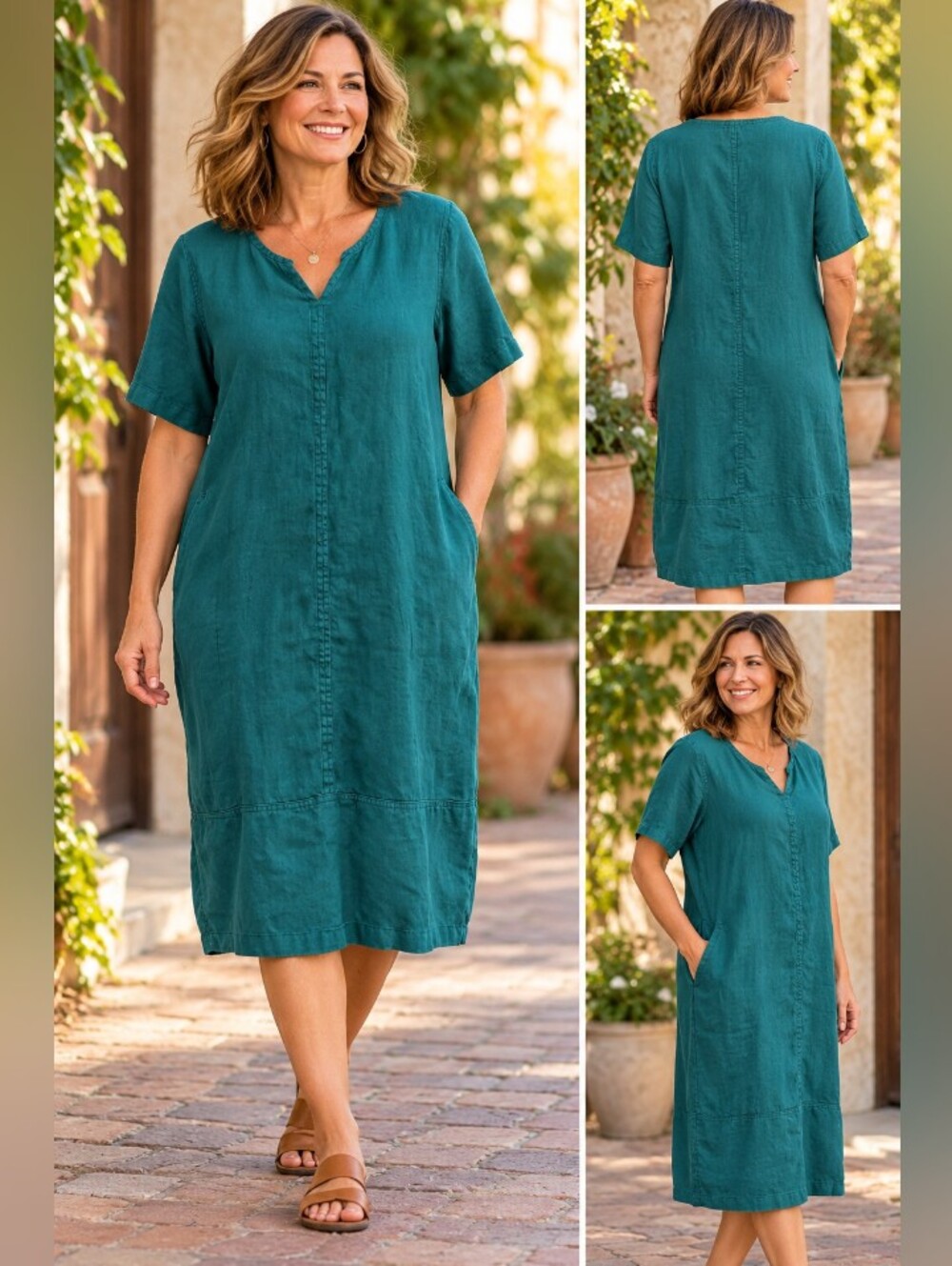 pure jill teal 100% linen v-neck short sleeve shift dress size s